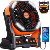 WESTTREE front view of orange camping fan showing controls and compact benefits