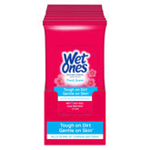 Wet Ones front packaging fresh scent showing travel pouches and branding benefit portable