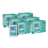 Wet Ones front packaging showing brand and unscented singles, conveys travel convenience