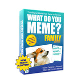 WHAT DO YOU MEME? box front showing playful family-friendly design and easy storage benefit