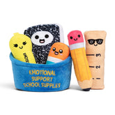 WHAT DO YOU MEME? front view of plush set showing cheerful faces and basket — adds desk charm