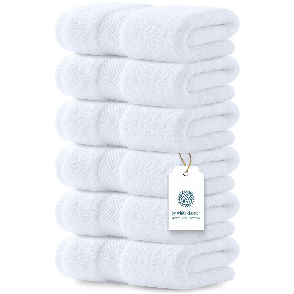 White Classic front view of 6-pack towels showing neat packaging and hotel-style appeal