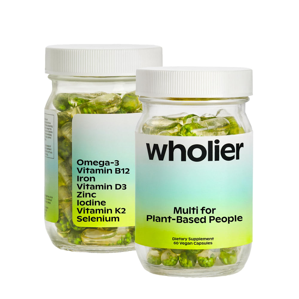 wholier front packaging glass bottle showing clean vegan supplement branding and easy daily use