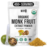 WHYZ front packaging of monk fruit powder showing jar and label, promotes shelf stability