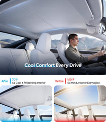Wigoo rear roof sunshade fitted in Tesla Model Y demonstrating full coverage and cooling benefit