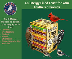 Wildlife Sciences suet cake installed in metal feeder attracting songbirds