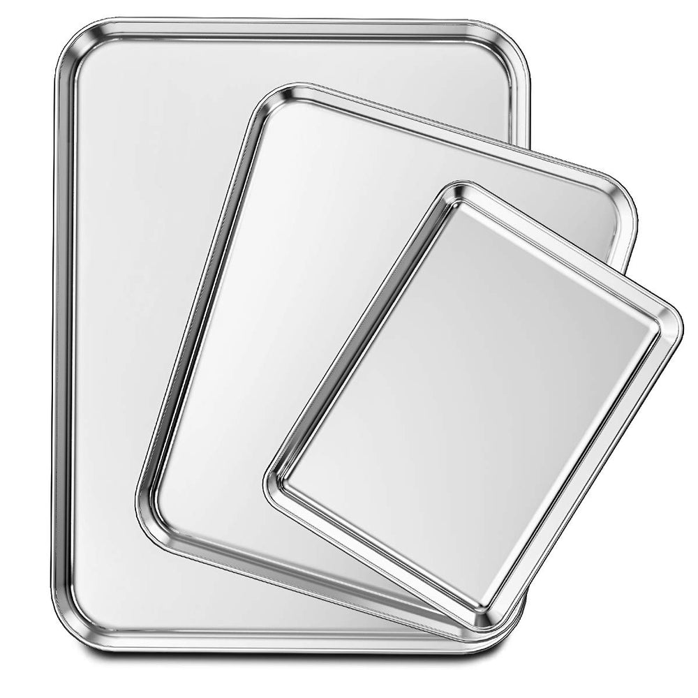Wildone front view of three stainless steel pans showing sizes and benefit of versatility
