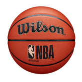 WILSON basketball front view showing official NBA branding and durable cover benefit