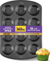 Wilton gold front view showing full 12-cup pan and even cavities benefit