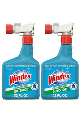 Windex outdoor front packaging showing two 32 oz bottles and hose connector benefit