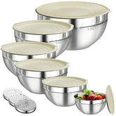 Winproper front view of full six-piece stainless steel bowl set showing lids and graters for organized prep