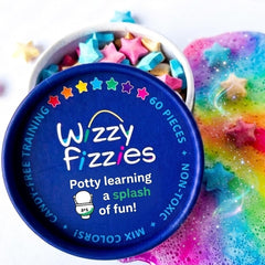 Wizzy Fizzies front packaging showing 60 colorful stars and branding benefits