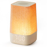 Wkzay front view on bedside table showing gentle wake light and clock, calming mornings