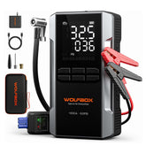WOLFBOX front view with clamps showing compact, powerful jump starter