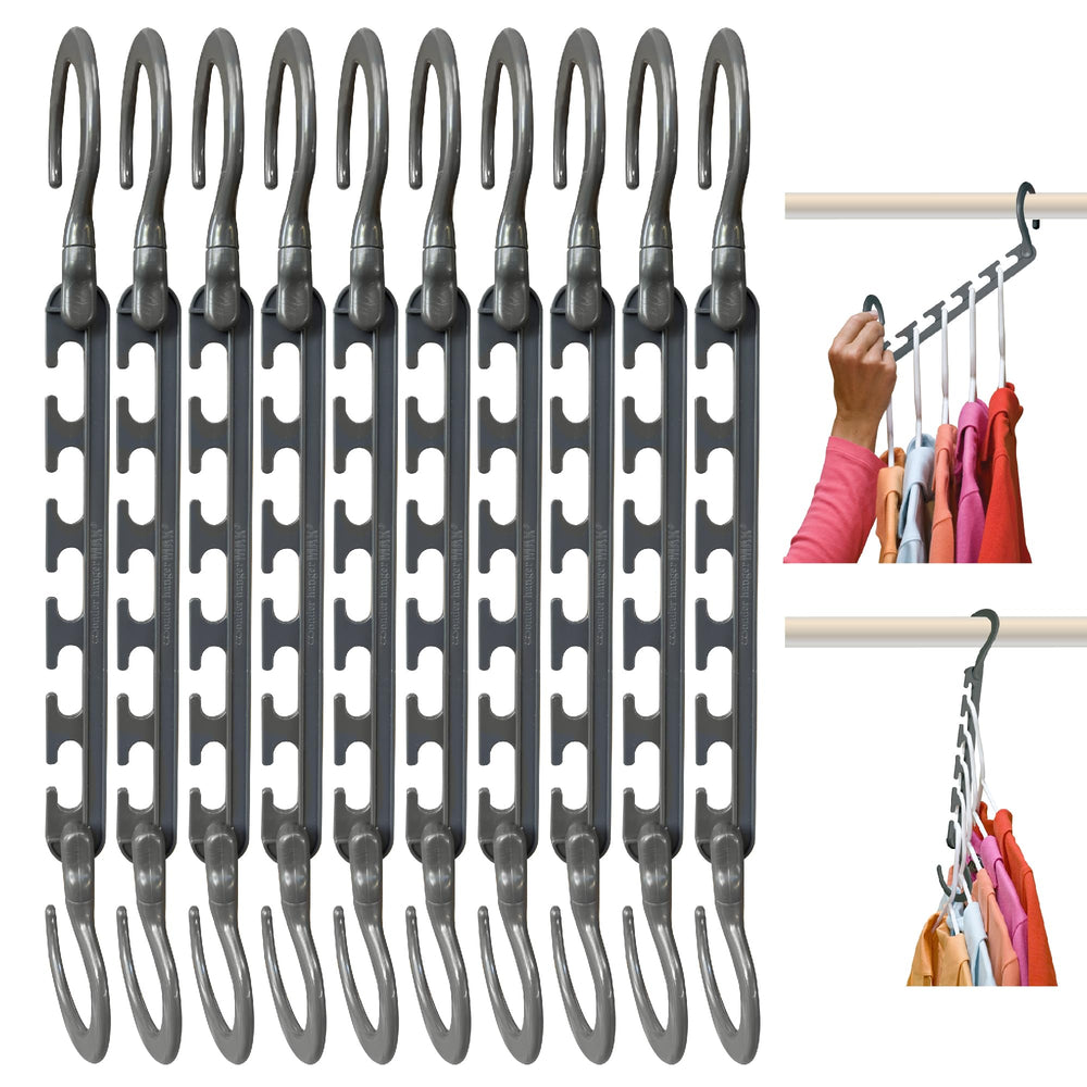 Wonder Hanger Max front view showing grey organizer and compact storage benefit