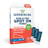 Wondercide front packaging showing small dog spot-on and benefits