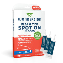 Wondercide front packaging showing small dog spot-on and benefits