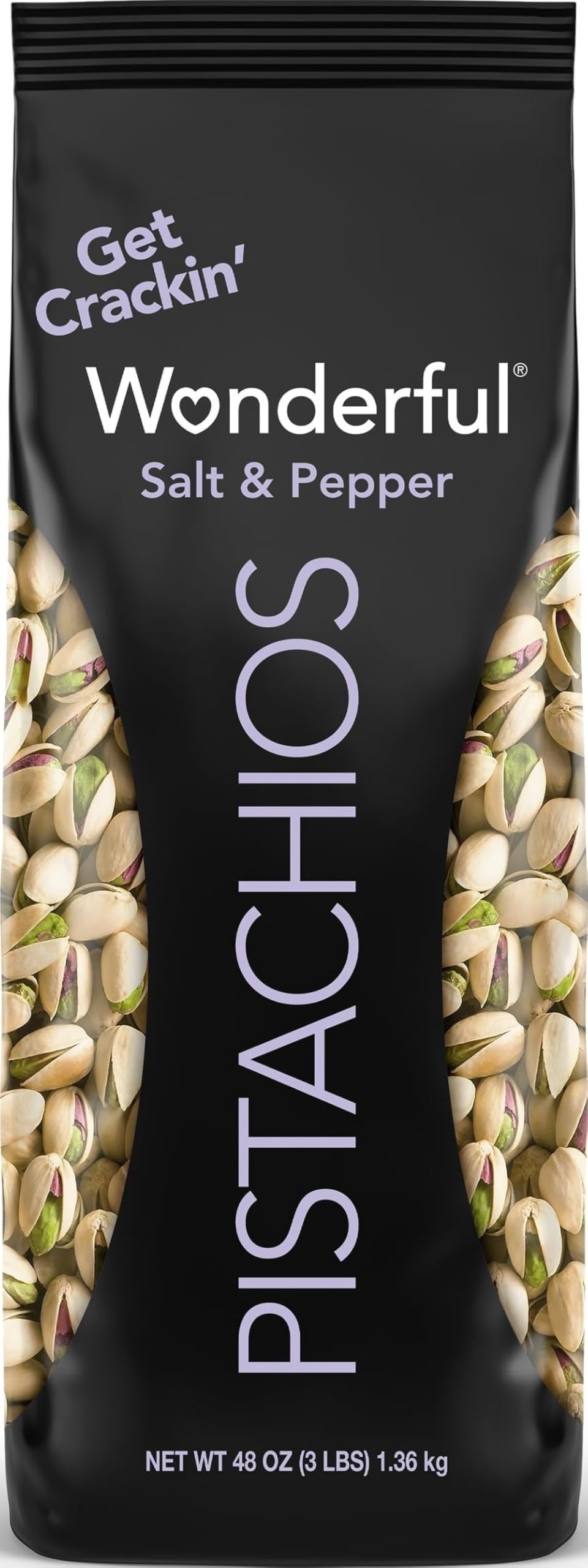 Wonderful Pistachios front packaging highlighting salt & pepper flavor and size benefits