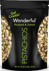 Wonderful Pistachios front packaging showing resealable 48 oz bag and branding benefits