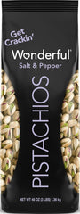 Wonderful Pistachios front packaging highlighting salt & pepper flavor and size benefits