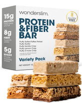 Wonderslim front packaging variety pack showing seven low-calorie bars for convenience