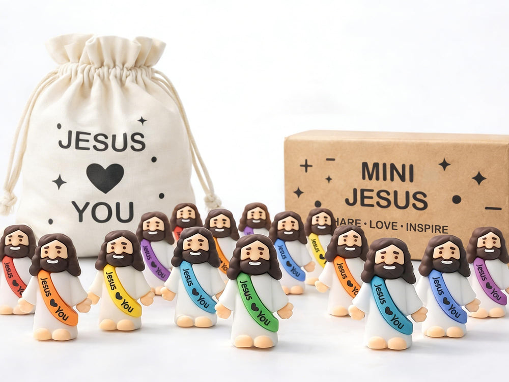 Wondrus front pouch with 105 multicolor mini Jesus figures showing easy transport