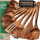 Woodenhouse front packaging showing ten-piece teak utensil set and complete contents