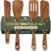 Woodenhouse front view of four teak spatulas showing set and finish benefit