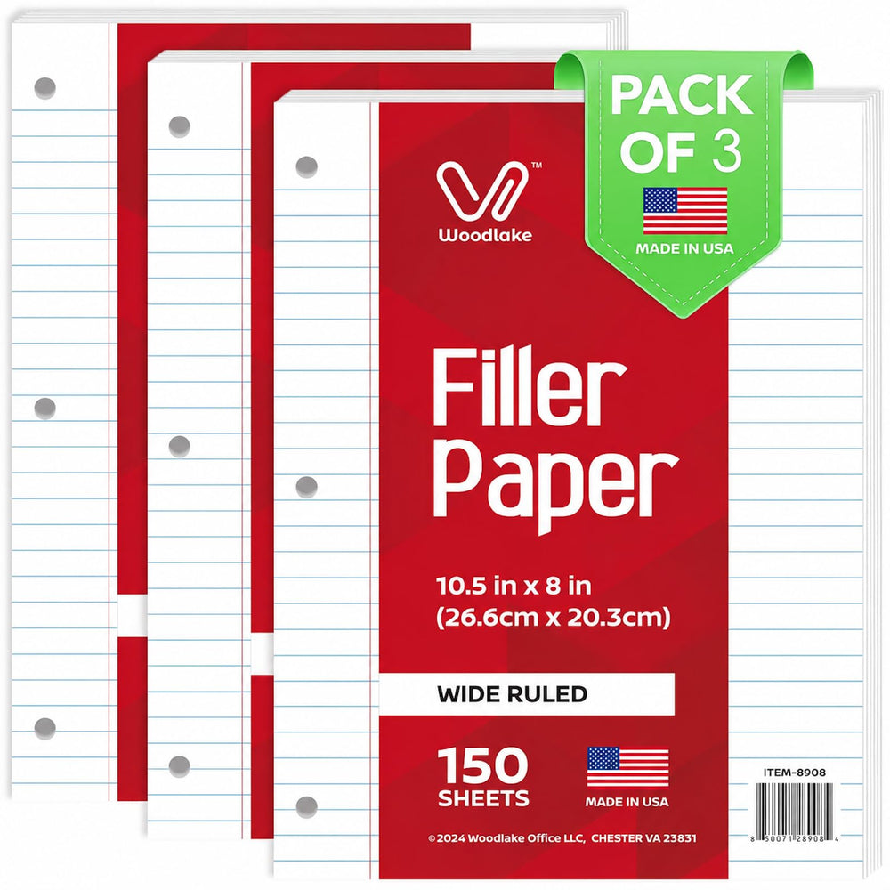 Woodlake front pack showing 450 wide ruled sheets and brand