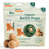 WOOF front packaging showing two Peanut Butter & Beef refill pops and benefits