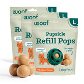 WOOF front packaging showing three refill pops and product name for quick grab