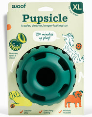 WOOF pupsicle front view shows green treat toy and durable design for long play