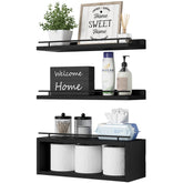 WOPITUES front view of black floating shelves showing neat over-toilet storage and modern look