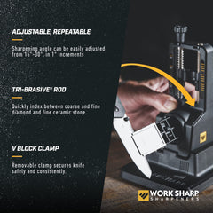 WORK SHARP angle scale closeup highlighting 15°–30° adjustment for repeatable bevels