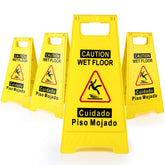 WOUSEDO front view of four yellow wet floor signs showing clear warning