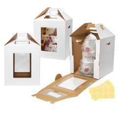 Wowxyz front view of tall cake box showing clean white exterior and secure closure for safe transport