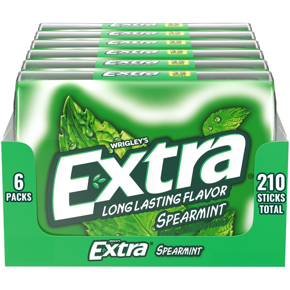 WRIGLEY'S EXTRA front packaging showing six spearmint mega packs for convenience