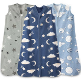 Wrrernsin front view of three-pack sleep sacks shows patterns and fit benefits