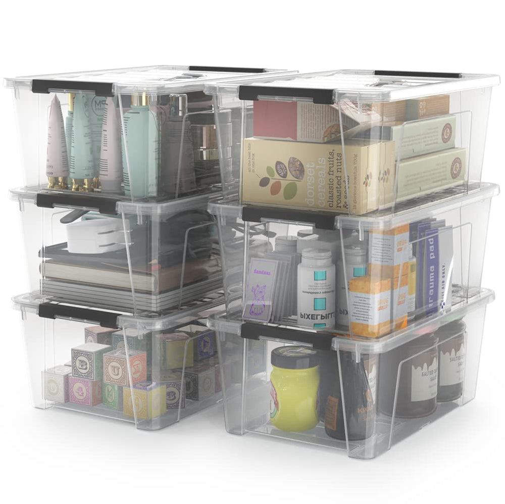 WYT front view of six clear storage bins showing compact organized set — space saving