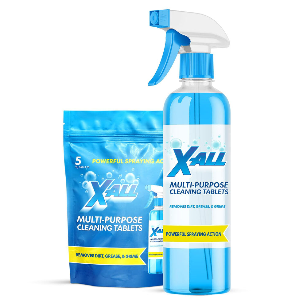 X-ALL spray bottle front view showing reusable design and eco benefit