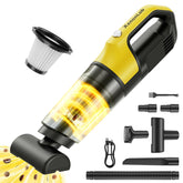XenonLab front view showing compact yellow handheld vacuum and benefits of portability