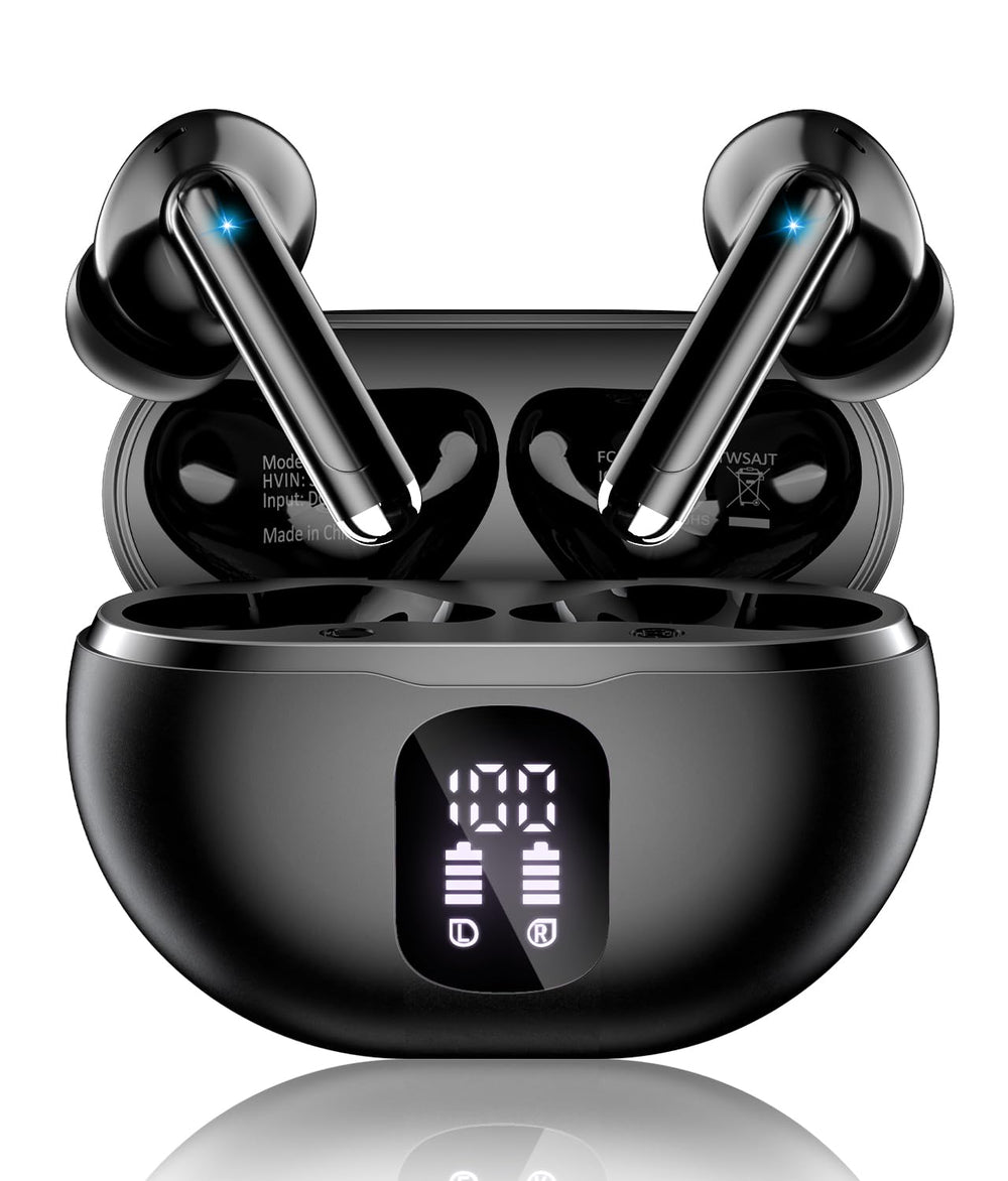 XIAOWTEK front view of dark black earbuds showing sleek design and portability