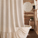 XOGUIBO front view of beige shower curtain adding warm farmhouse style