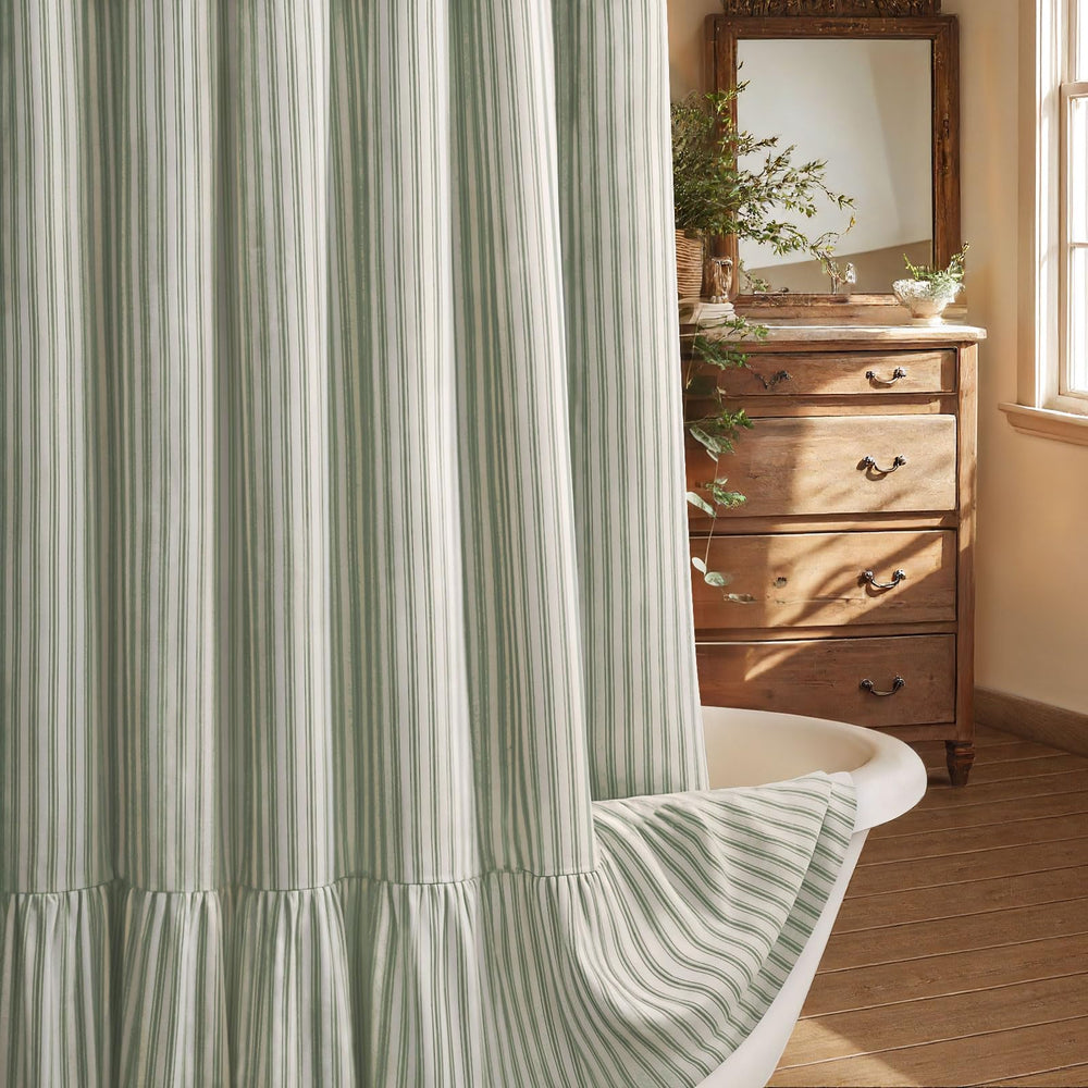 XOGUIBO front view cream-green stripe shower curtain showing farmhouse look