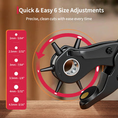 XOOL rotating head with six punch sizes for fast size selection benefit