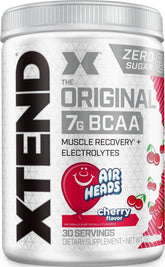 Xtend Airheads Cherry front tub showing product branding and servings for clear choice