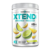 Xtend lemon-lime tub front packaging showing servings and branding for quick identification and trust