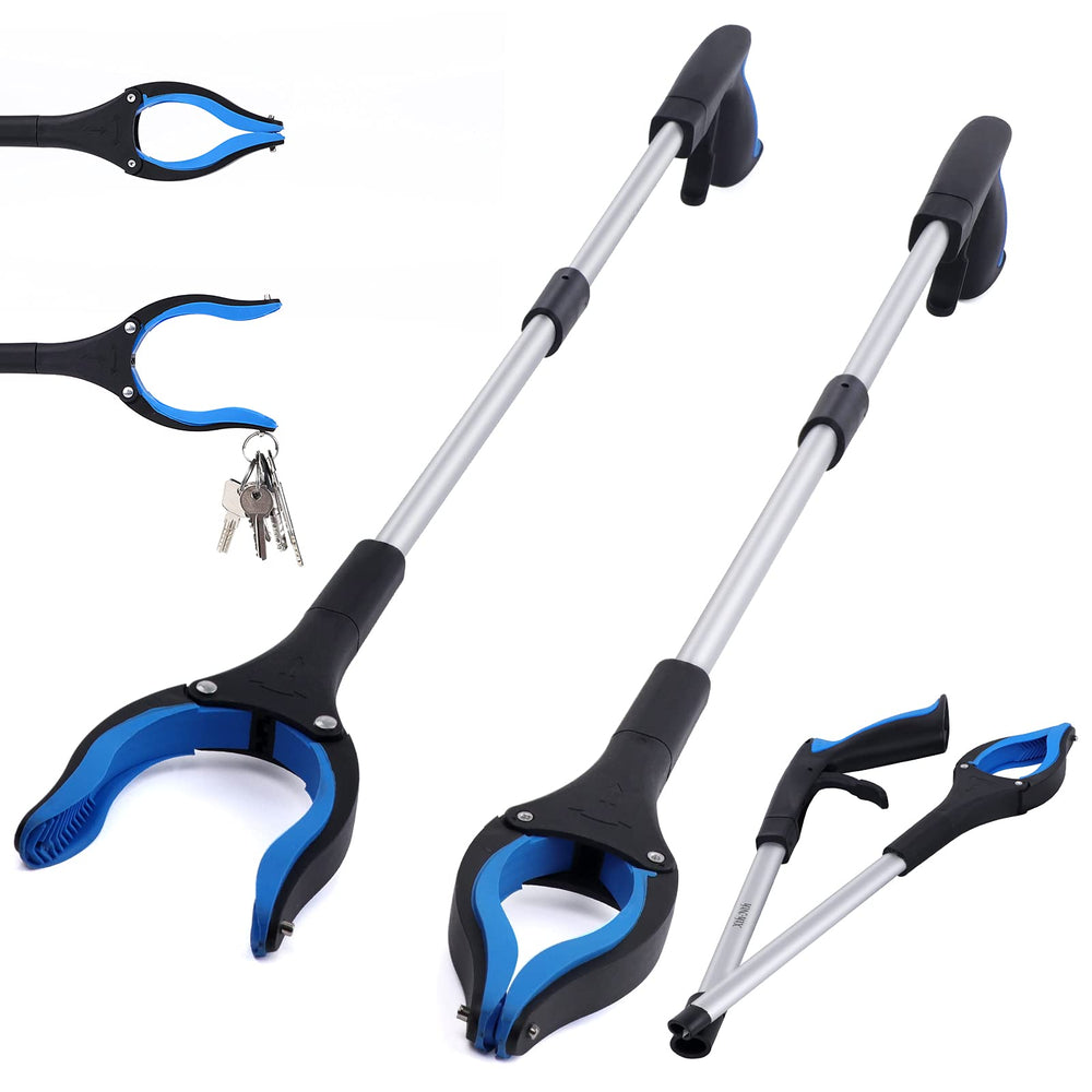Xth-Nth front view of 2-pack grabber reacher showing product benefits