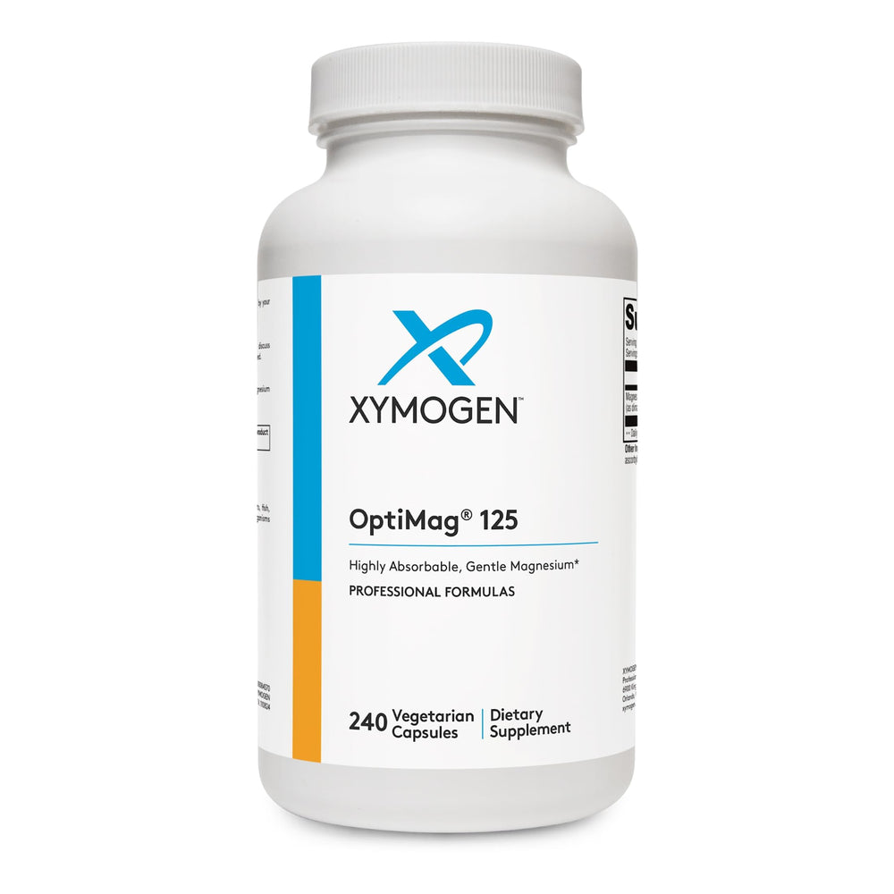 XYMOGEN OptiMag 125 front bottle view showing label and capsule count benefit clarity