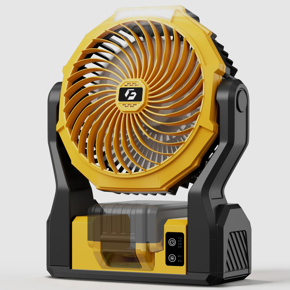 XZK front view fan showing blade guard and body, compact cooling on jobsite